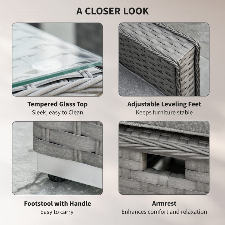 MCL 6 Pieces Outdoor PE Rattan Wicker Corner Sofa Set with 10cm Thick Padded Cushions, Aluminium Conservatory Furniture with Glass Top Coffee Table, Footstools, Grey