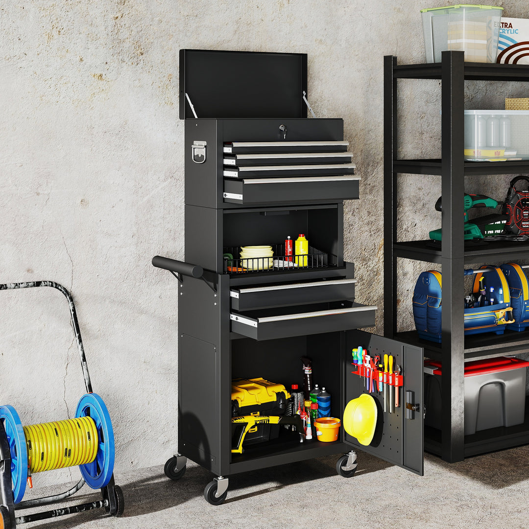 HOMCOM Three-Part Steel Locking Tool Chest - Black