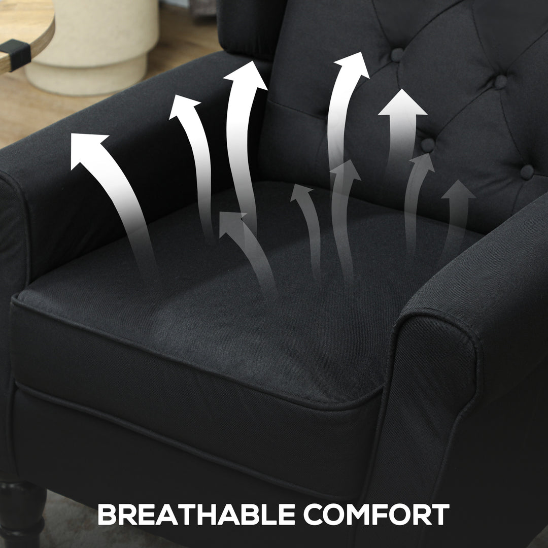 Retro Accent Chair, Linen Wingback Armchair with Wood Frame Button Tufted Design for Living Room Bedroom, Black