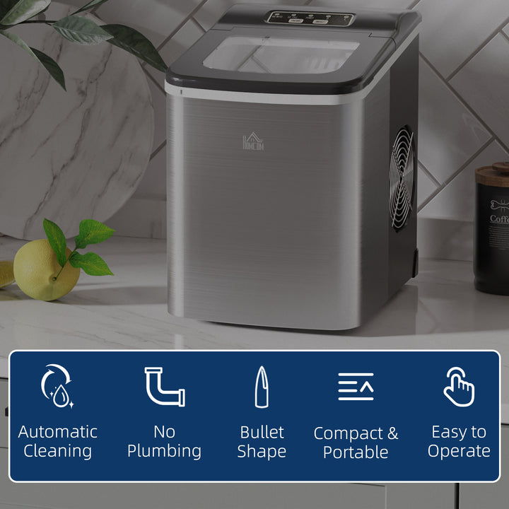 Ice Maker Machine Countertop, 9 Ice Cubes in 8 Mins, 12KG in 24Hrs, Self-Cleaning Portable Ice Cube Maker with Ice Scoop and Basket, Stainless Steel, No Plumbing Required, Black