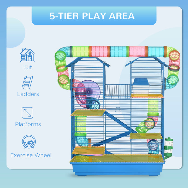 5 Tier Hamster Cage Carrier Habitat with Exercise Wheels Tunnel Tube Water Bottle Dishes House Ladder for Dwarf Mice, Blue