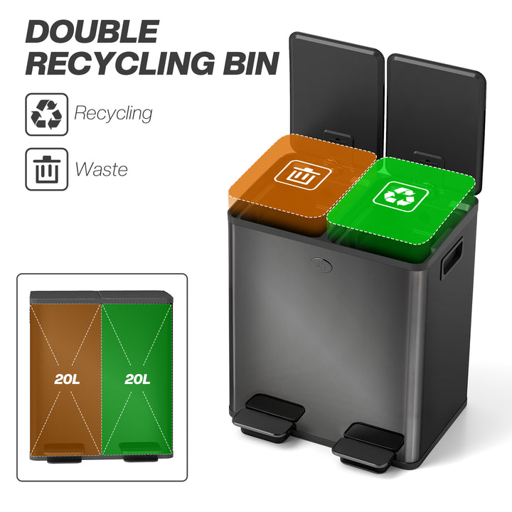 40L Dual Compartment Stainless Steel Bin, with Deodoriser Holders - Glossy Black