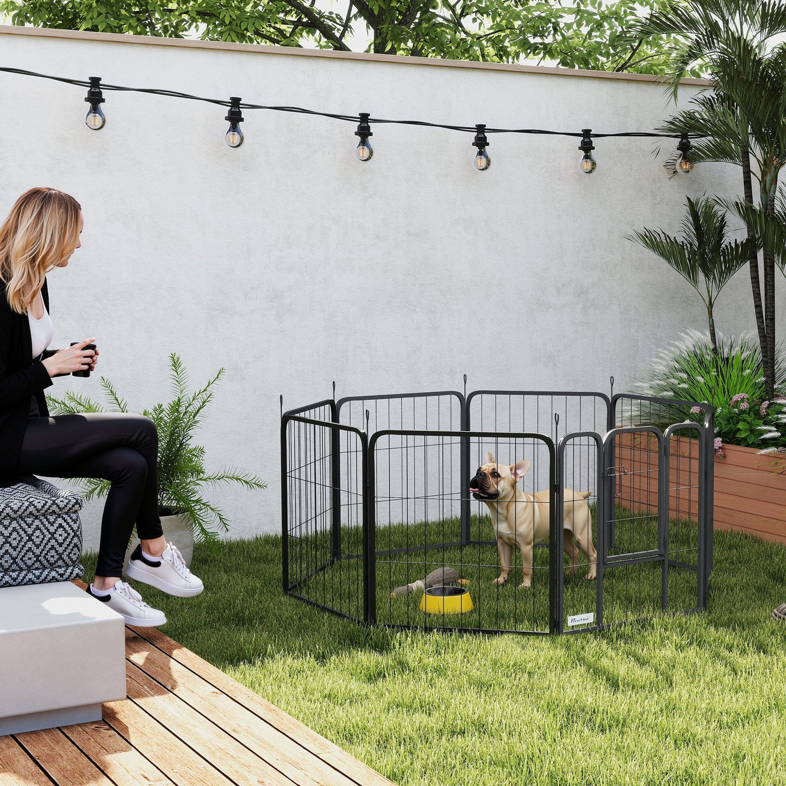 Eight-Panel Dog Playpen with Door, for Large Dogs, Indoors, Outdoors, 60cm Tall, Black