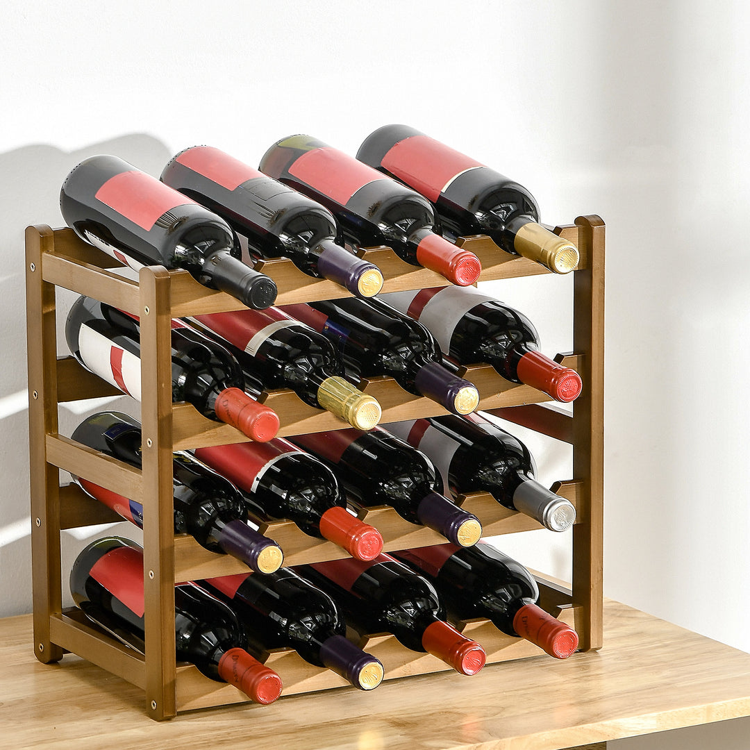 HOMCOM Free Standing Bamboo Wine Rack with 16 Bottles Holder, 4-tier Water Bottle Organizer, Display Shelf for Countertop, Home Bar, Brown | Aosom UK