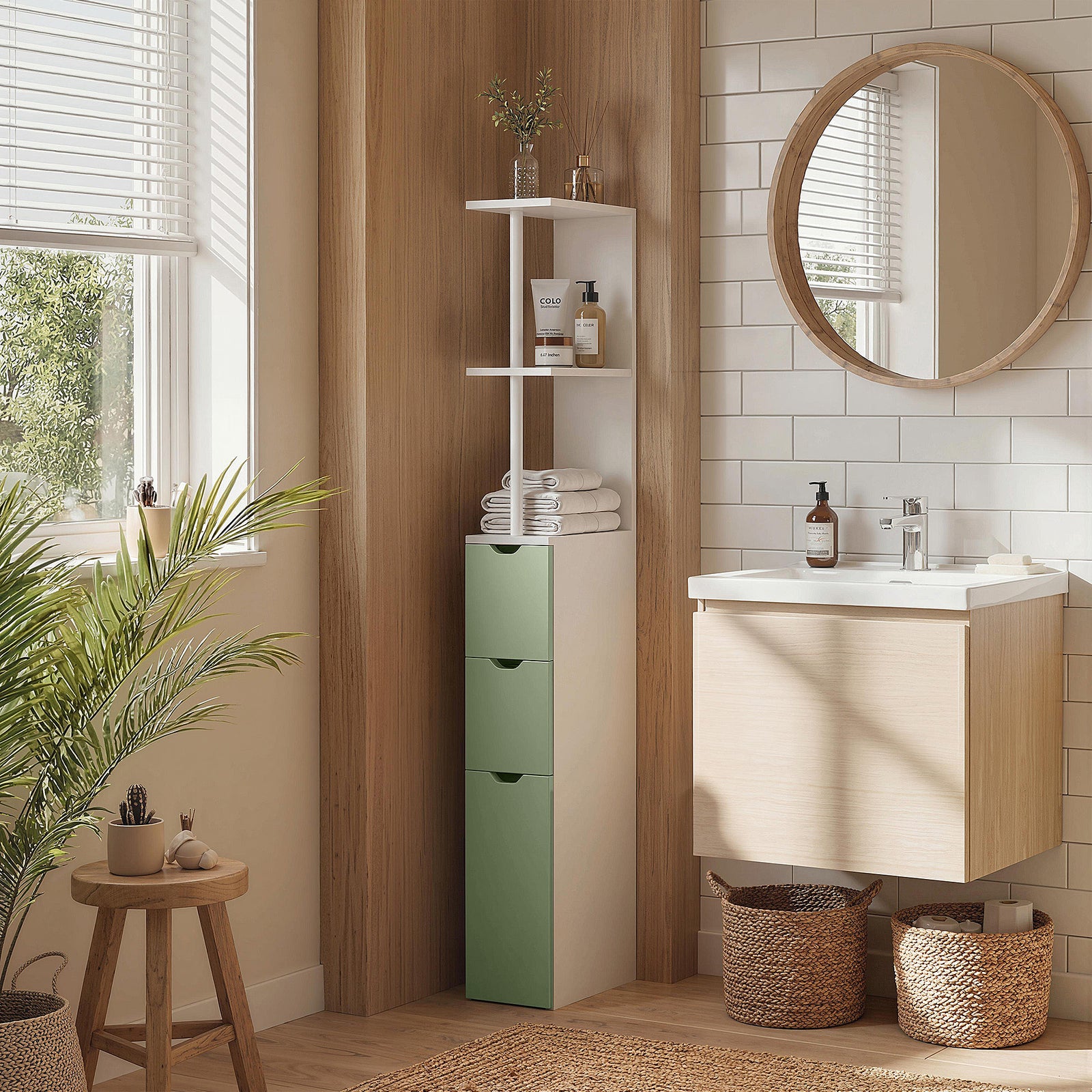 Slim Bathroom Storage Cabinet, Tall Bathroom Floor Cabinet with 2-Tier