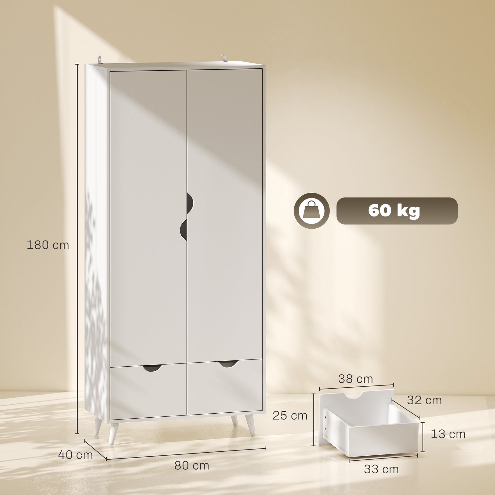 Elegant Home Storage Organisation Furniture, 2-Door Clothes Wardrobe w