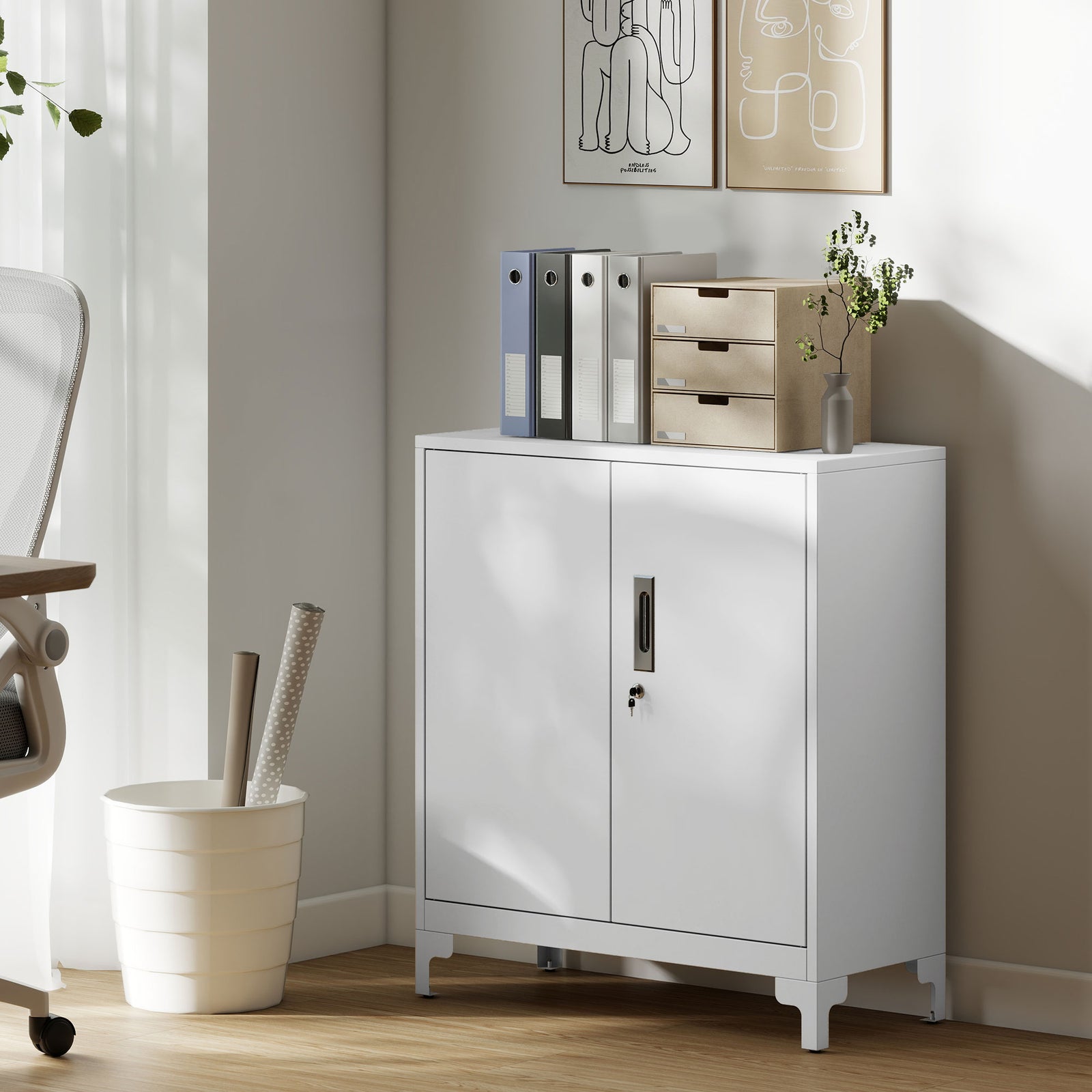 Lockable Metal Filing Cabinet, 2-Tier Storage Cupboard with Double Doo