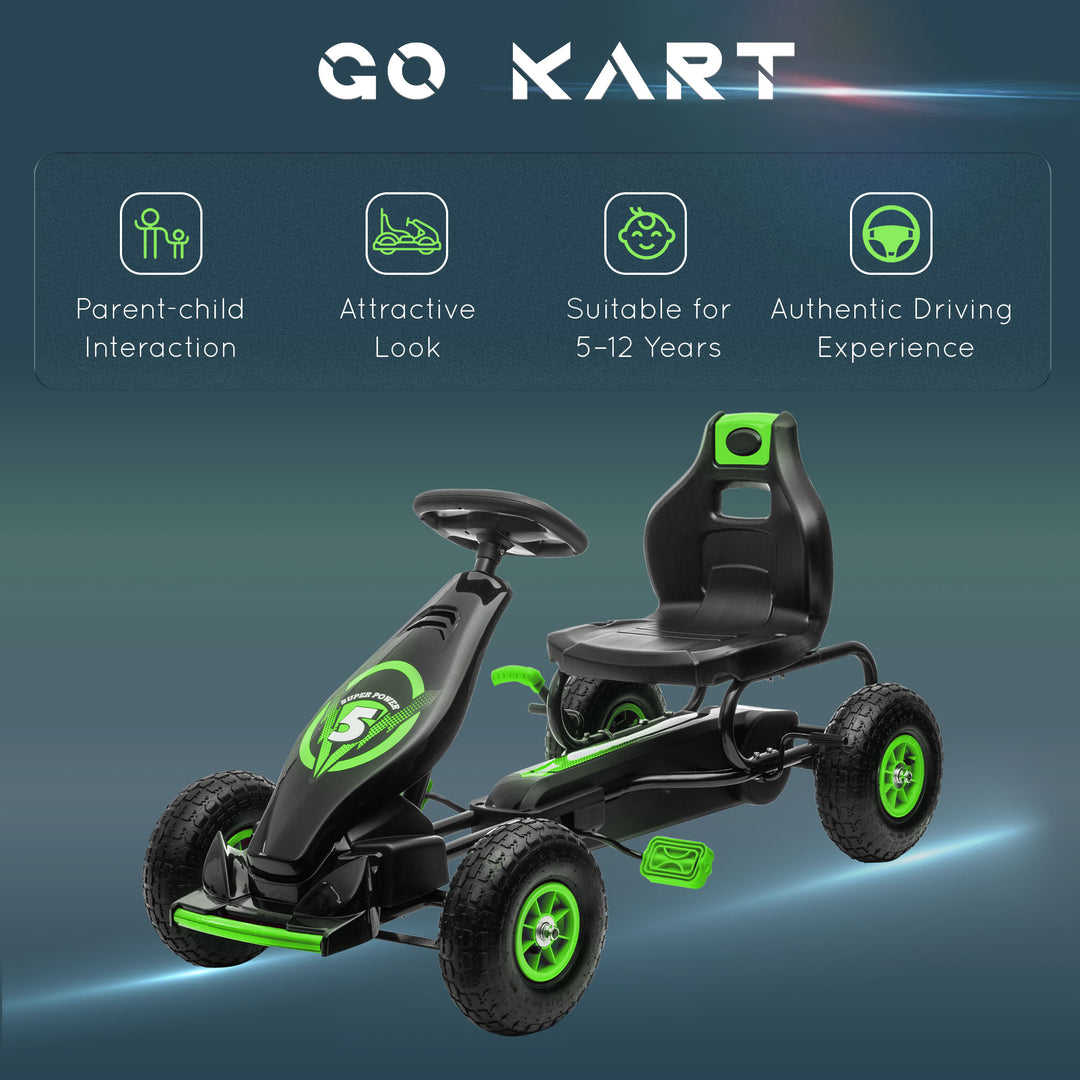 Kids Pedal Go Kart, with Adjustable Seat, Inflatable Tyres - Green