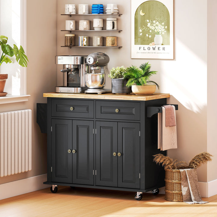 Rolling Kitchen Island Storage Trolley with Rubber Wood Top & Drawers for Dining Room, Black