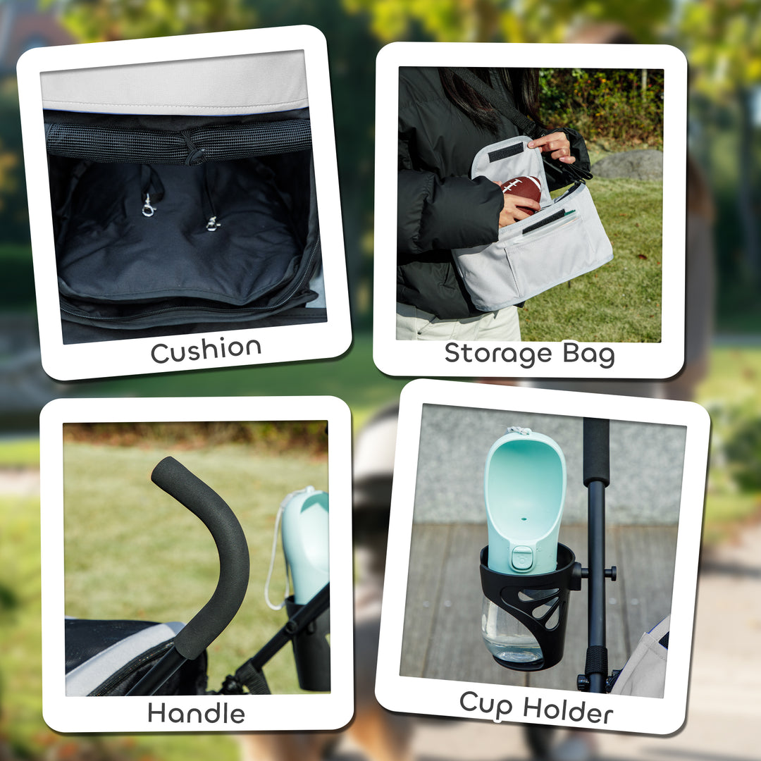 Foldable Dog Stroller, Lightweight Dog Pram w/ Shoulder Strap, Storage Bag, Cup Holder, Light Grey