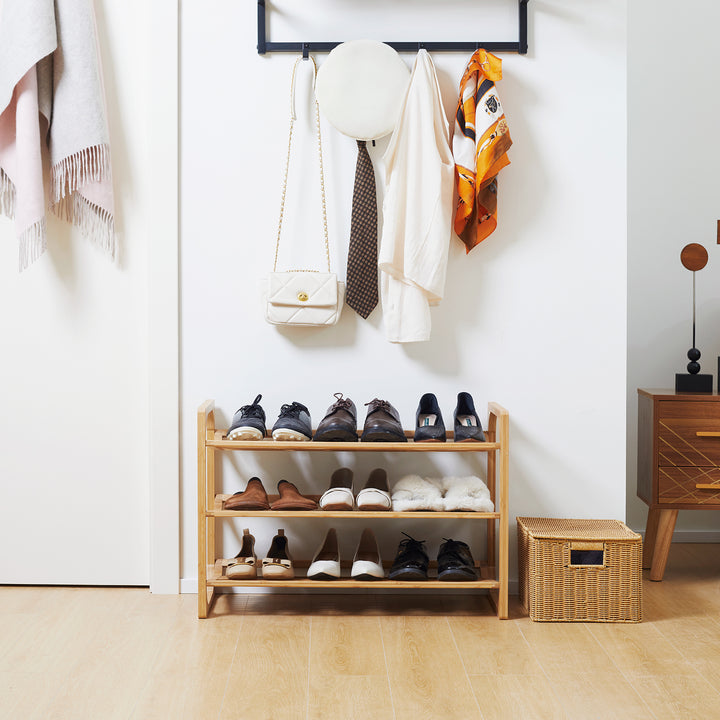 3-Tier Shoe Rack, Bamboo Shoe Storage Organizer with Slatted Shelves, Free Standing Shoe Shelf Stand for 9 Pairs of Shoes for Entryway, Hallway, Natural
