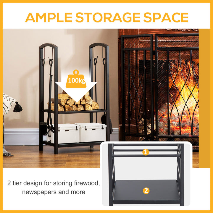 MCL Metal Firewood Log Holder 2 Layer Firewood Rack Indoor Outdoor Fireplace Wood Storage Shelf with 4 Tools and Hooks, Black, 40L x 30W x 74.5H cm