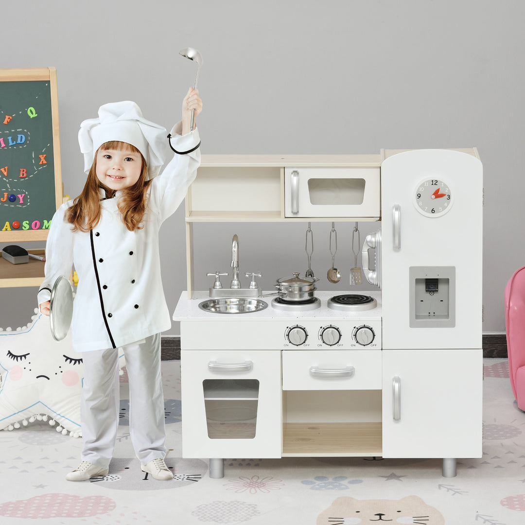 HOMCOM Kids Kitchen Playset Luxury Kitchen Accessories Set Pretend Cooking Set with Telephone Ice Machine, White | Aosom UK