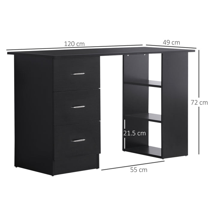 Computer Desk, Writing Table, PC Workstation with 3 Storage Shelves and Drawers, Silver Handle, for Home Office, Black