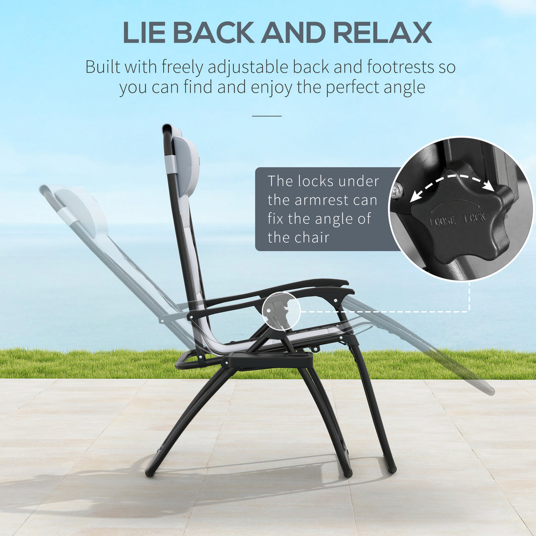 Zero Gravity Lounger Chair Set of 2, Folding Reclining Patio Chair with Padded Seat, Cup Holder, Soft Cushion and Headrest for Poolside, Camping, Grey