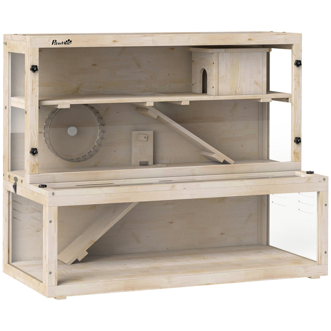 Wooden Hamster Cage with Hut, Wheel, Ramps, Removable Viewing Panels, 