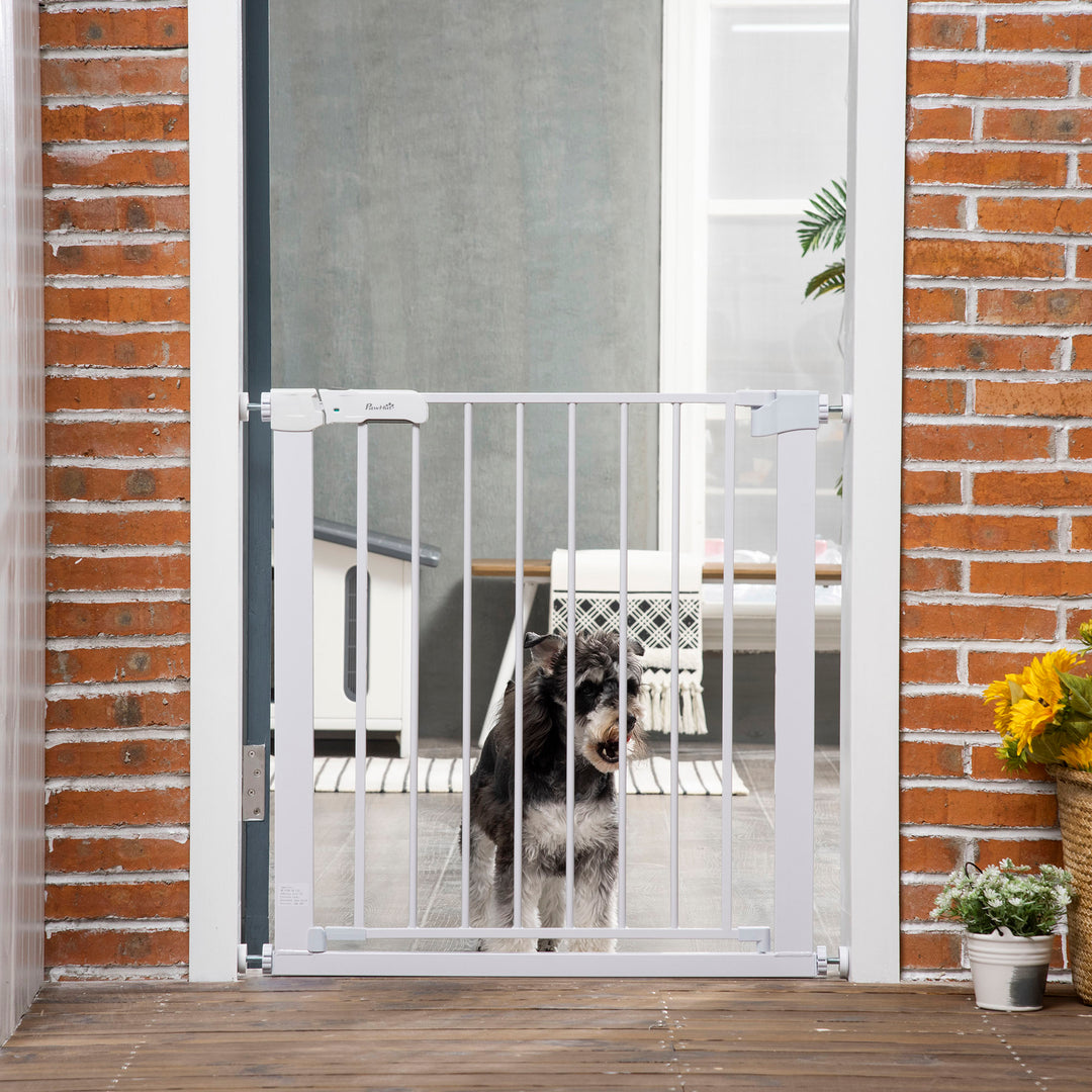 PawHut Adjustable Safety Pet Gate, Dog Barrier, Home Fence, Room Divider, Stair Guard, Easy Mount, White, 76H x 75-82W cm | Aosom UK