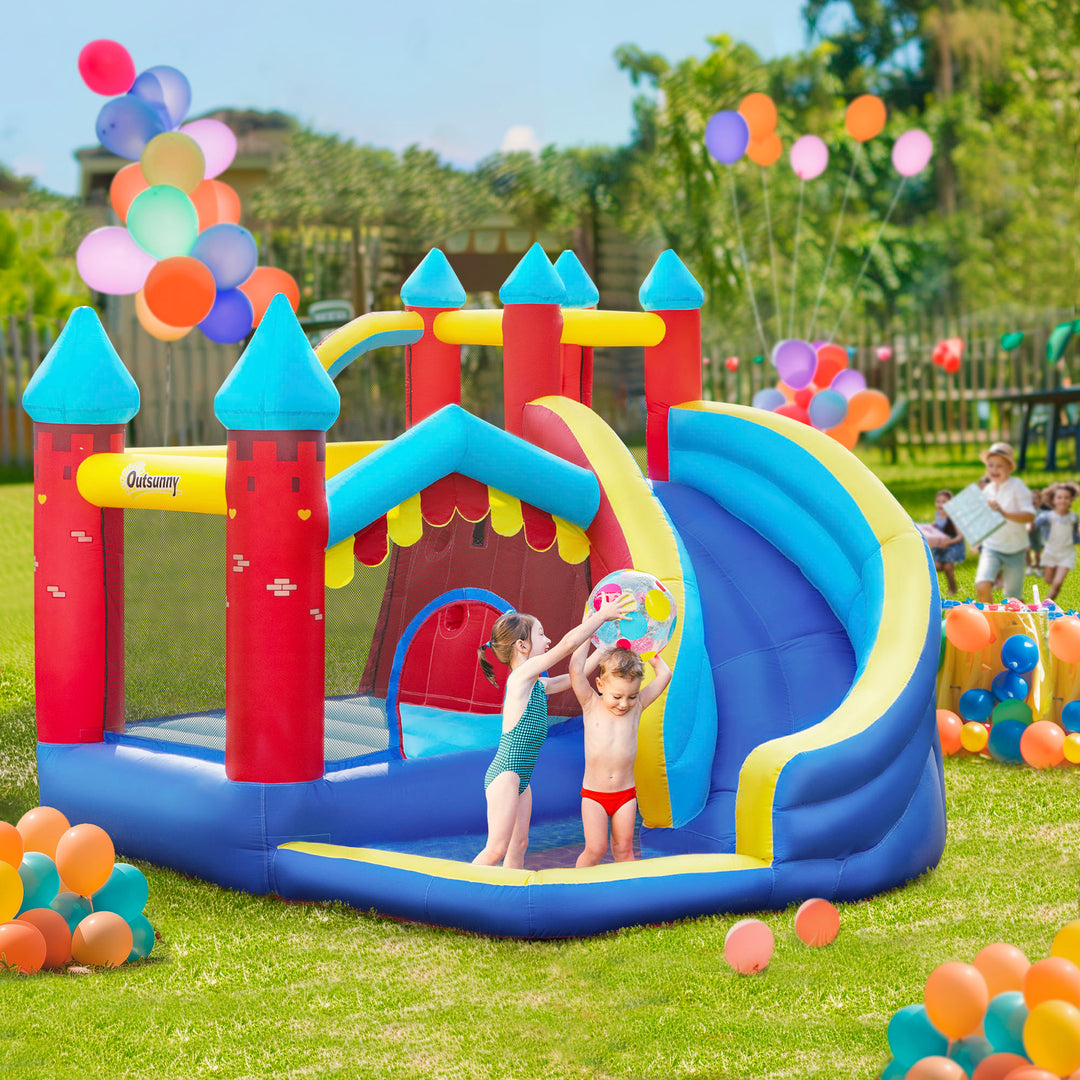 Outsunny Children's Inflatable Play Castle, 4-in-1 Bouncy House with Slide, Water Pool, Climbing Wall, for Ages 3-8, 2.9 x 2.7 x 2.3m