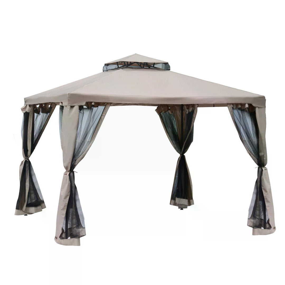 Outdoor Gazebo, 2-tier Roof W/Netting, 295L x 295W x 263Hcm-Taupe