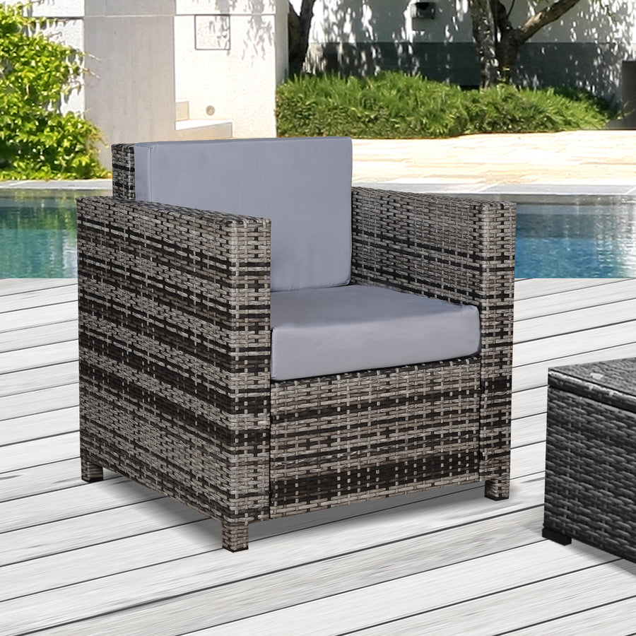 Single Seater Rattan Chair Sofa with 10 cm Thick Padded Cushion, All-Weather PE Wicker Weave Garden Armchair with Armrests, Grey