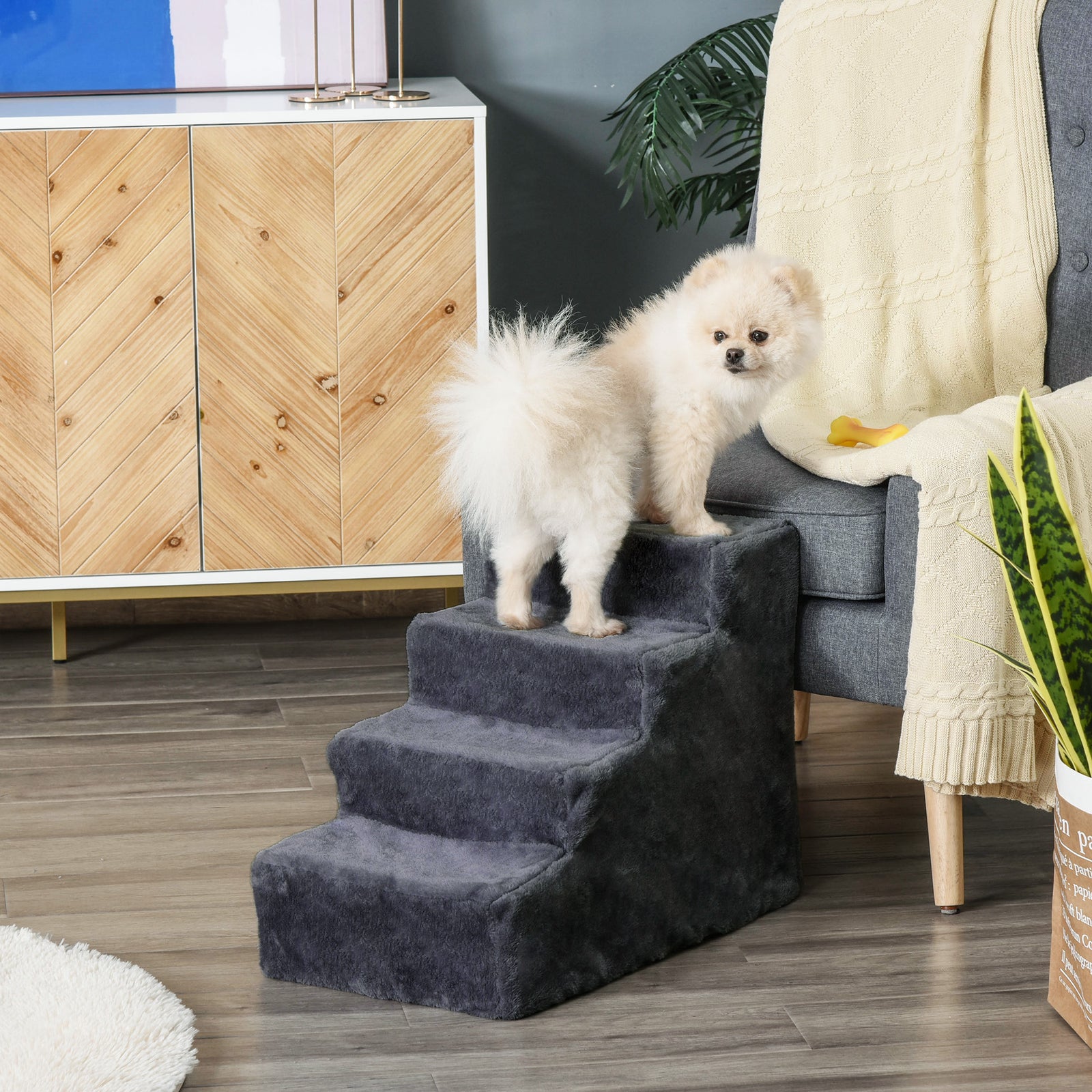 Four-Step Dog Stairs, with Washable Plush Cover, for High Bed Sofa, Dog Stairs for Small Dog and Cat - Dark Grey