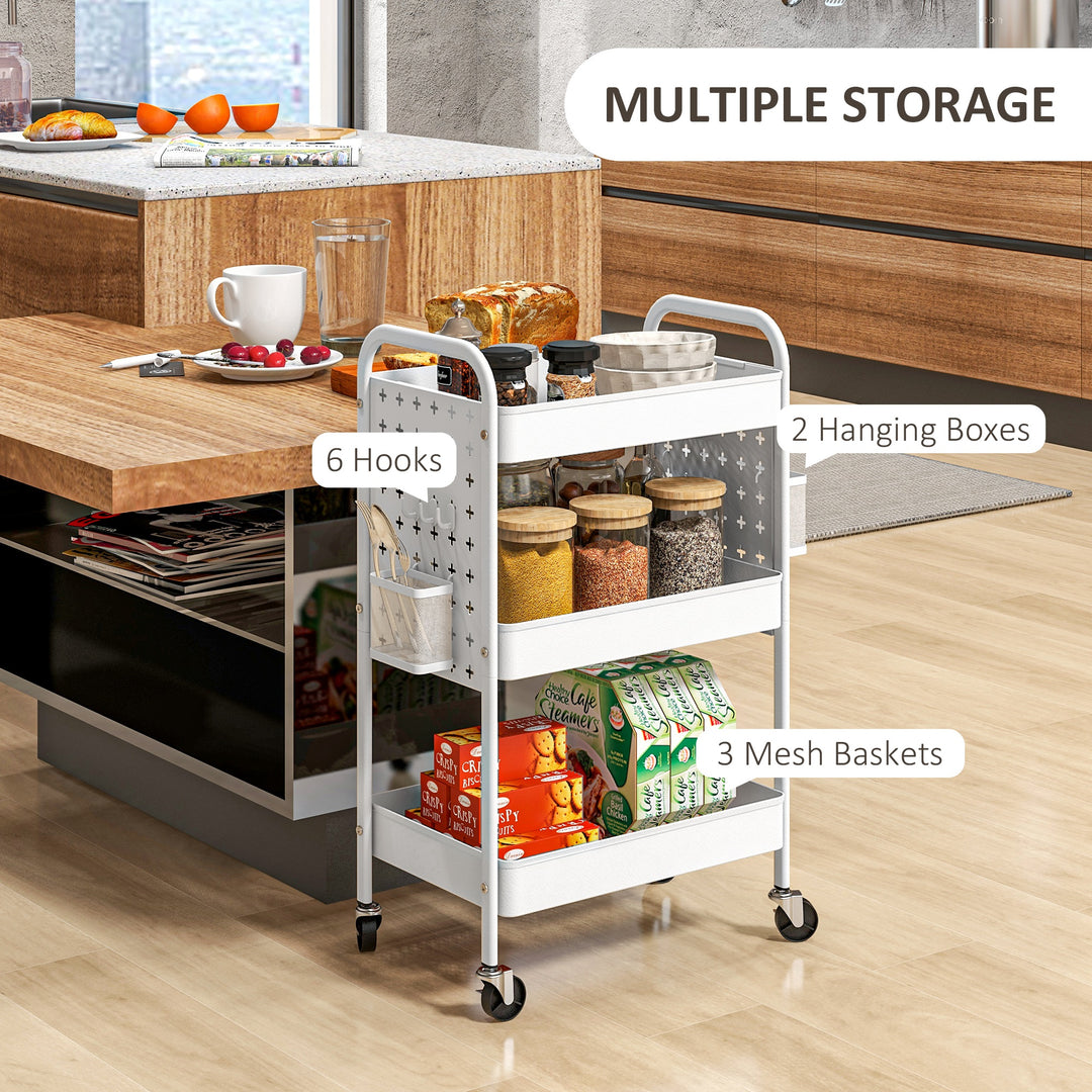 HOMCOM 3-tier Storage Trolley on Wheels, Rolling Utility Serving Cart w/ 3 Mesh Baskets, 2 Hanging Boxes & 6 Hooks for Living Room, White | Aosom UK