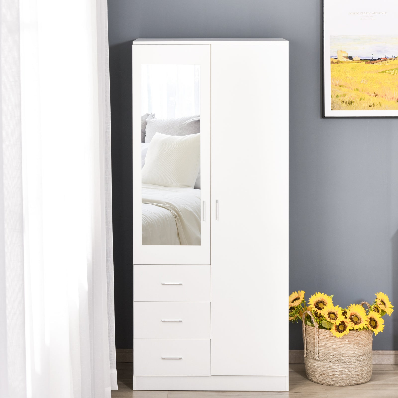 2 Door 3 Drawer Mirrored Wardrobe with Hanging Rail, Modern Clothes Storage Cupboard with Mirror, Drawers and Adjustable Shelves for Bedroom, 80 x 50 x 180 cm, White