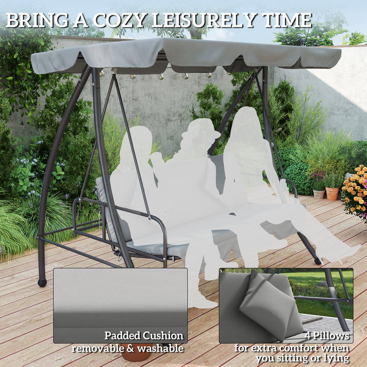 Outdoor 2-in-1 Swing Chair Lounger 3 Seater Garden Swing Seat Bed Convertible Tilt Canopy W/ Cushion, Light Grey