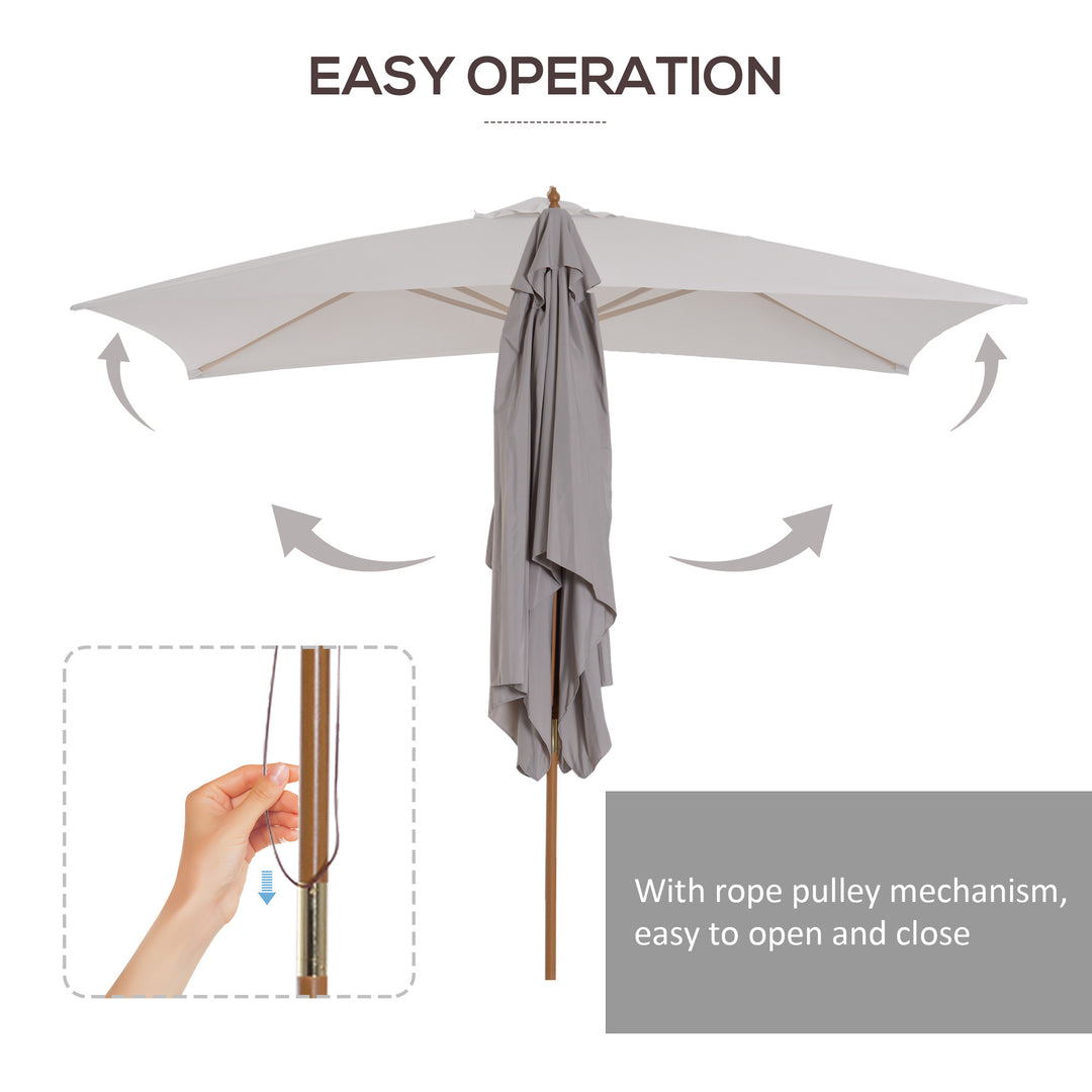 2 x 3m Wooden Garden Parasol Umbrella Outdoor Sun Shade Canopy, Table Market Umbrella with Vent, 38 mm Pole, Rope Pulley Mechanism, Light Grey