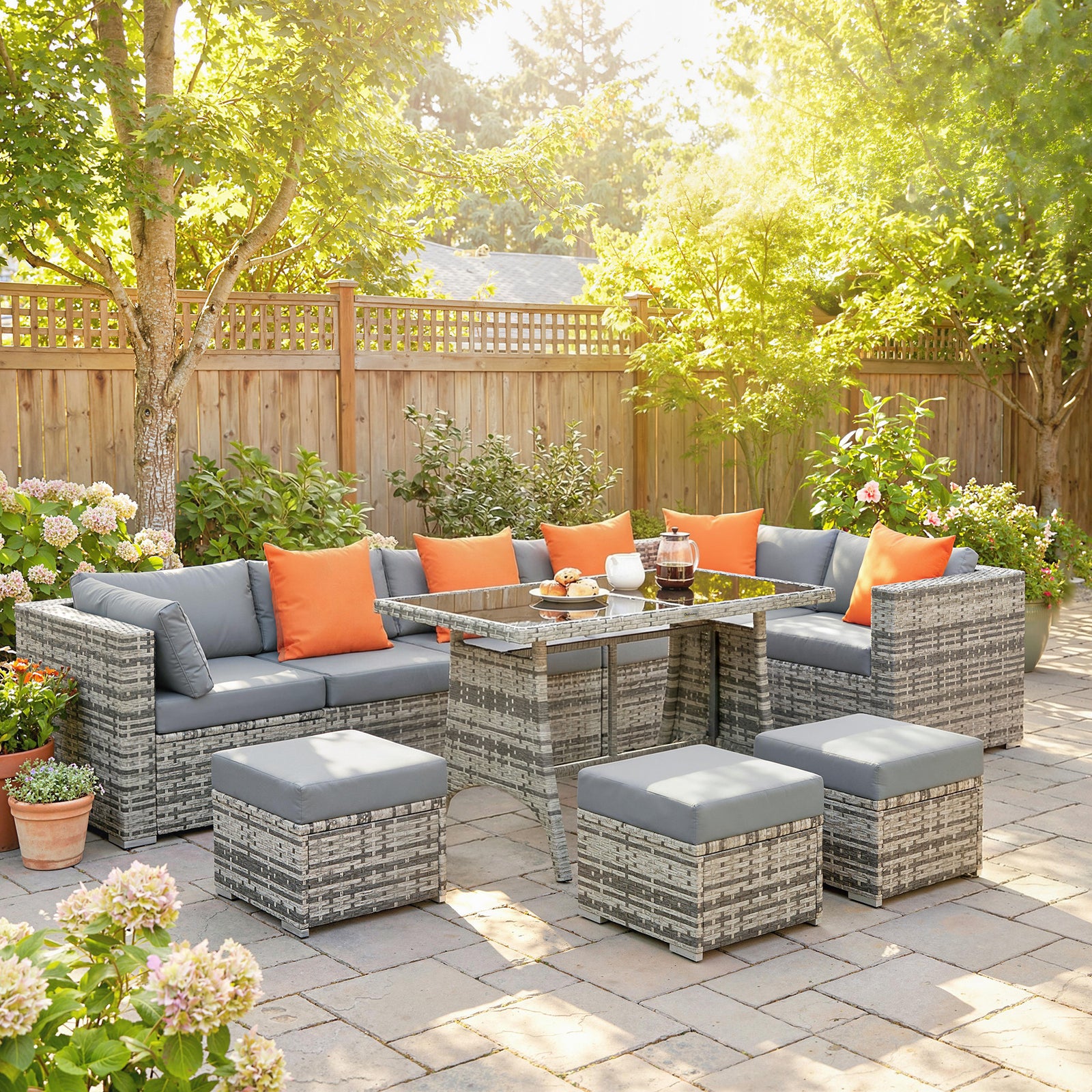 10 Piece Rattan Garden Furniture Set, 3 Corner Sofas with 3 Chairs, 3 
