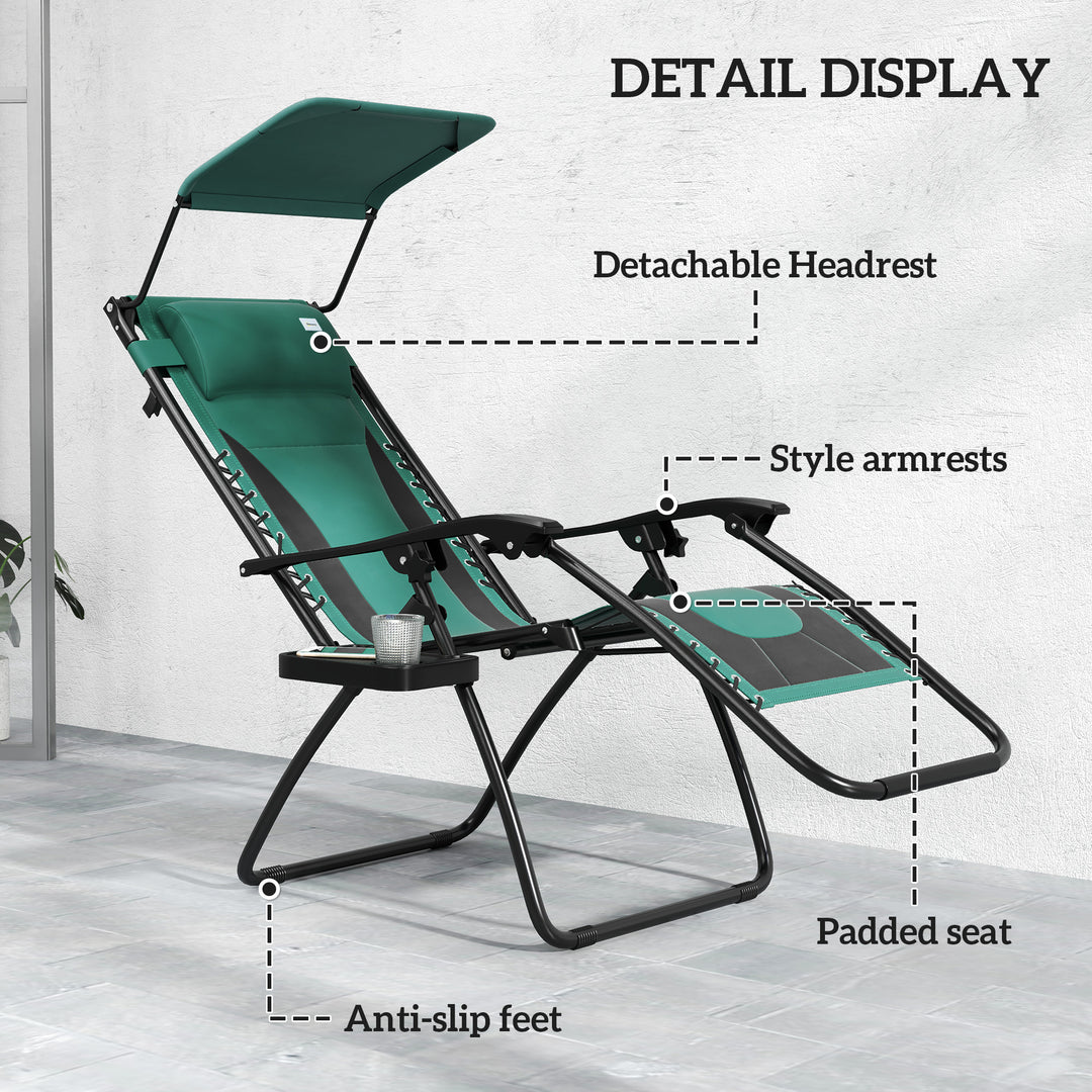 Zero Gravity Lounger Chair Set of 2, Folding Reclining Patio Chair with Shade Cover, Padded Seat, Cup Holder, Soft Cushion and Headrest for Poolside, Camping, Green