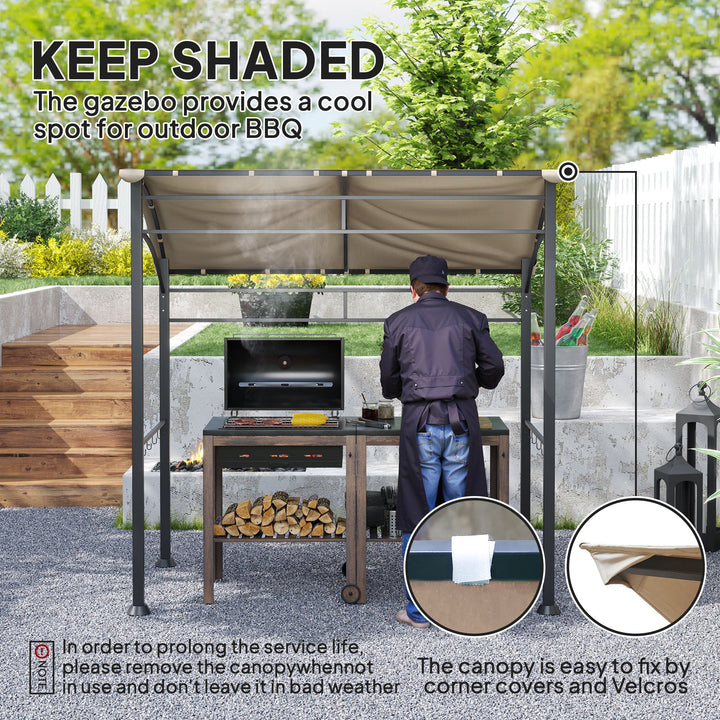 2.2 x 1.5 m BBQ Grill Gazebo Tent, Garden Grill with Metal Frame, Curved Canopy and 10 Hooks, Outdoor Sun Shade, Khaki