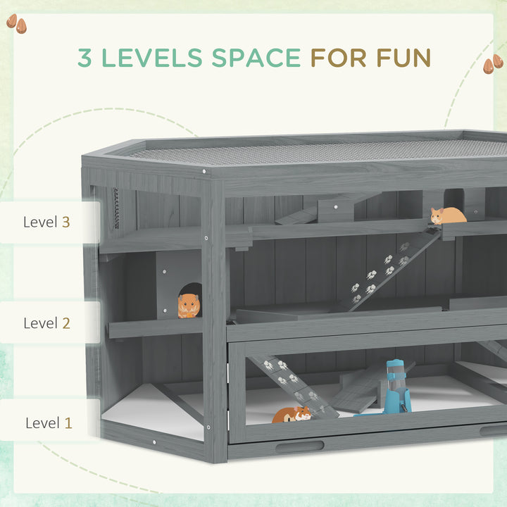 3 Tier Wooden Large Hamster Cage with Sliding Tray, Seesaws, Water Bottle, Grey