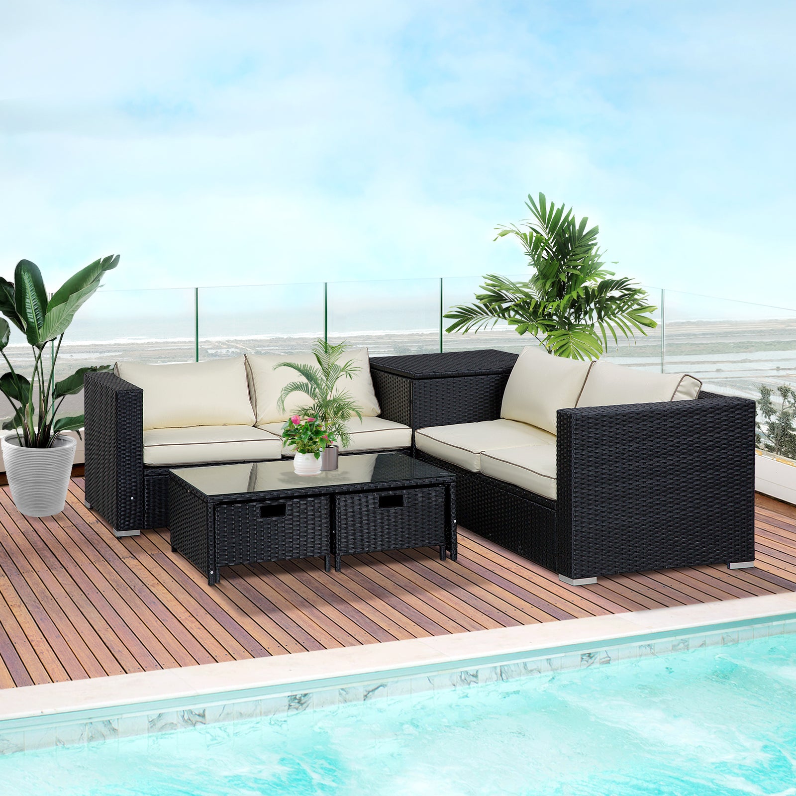 4 Pieces Rattan Garden Furniture Set, 4 Seater Corner Sofa Set with Storage Box, 2 Drawers Coffee Table, Loveseats with Cushions, Wicker Garden Conservatory Furniture for Balcony, Black