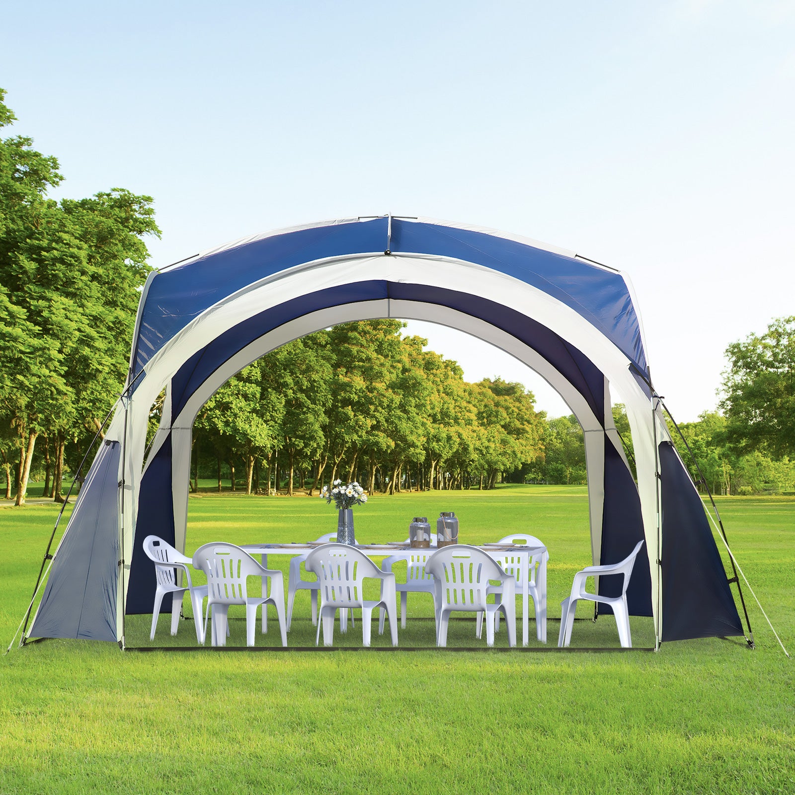 3.5 x 3.5M Camping Gazebo, Outdoor Event Shelter Dome Tent Garden Sun Shelter Patio Spire Arc Pavilion Camp Sun Shade Tent for 6-8 Person, Blue and Grey