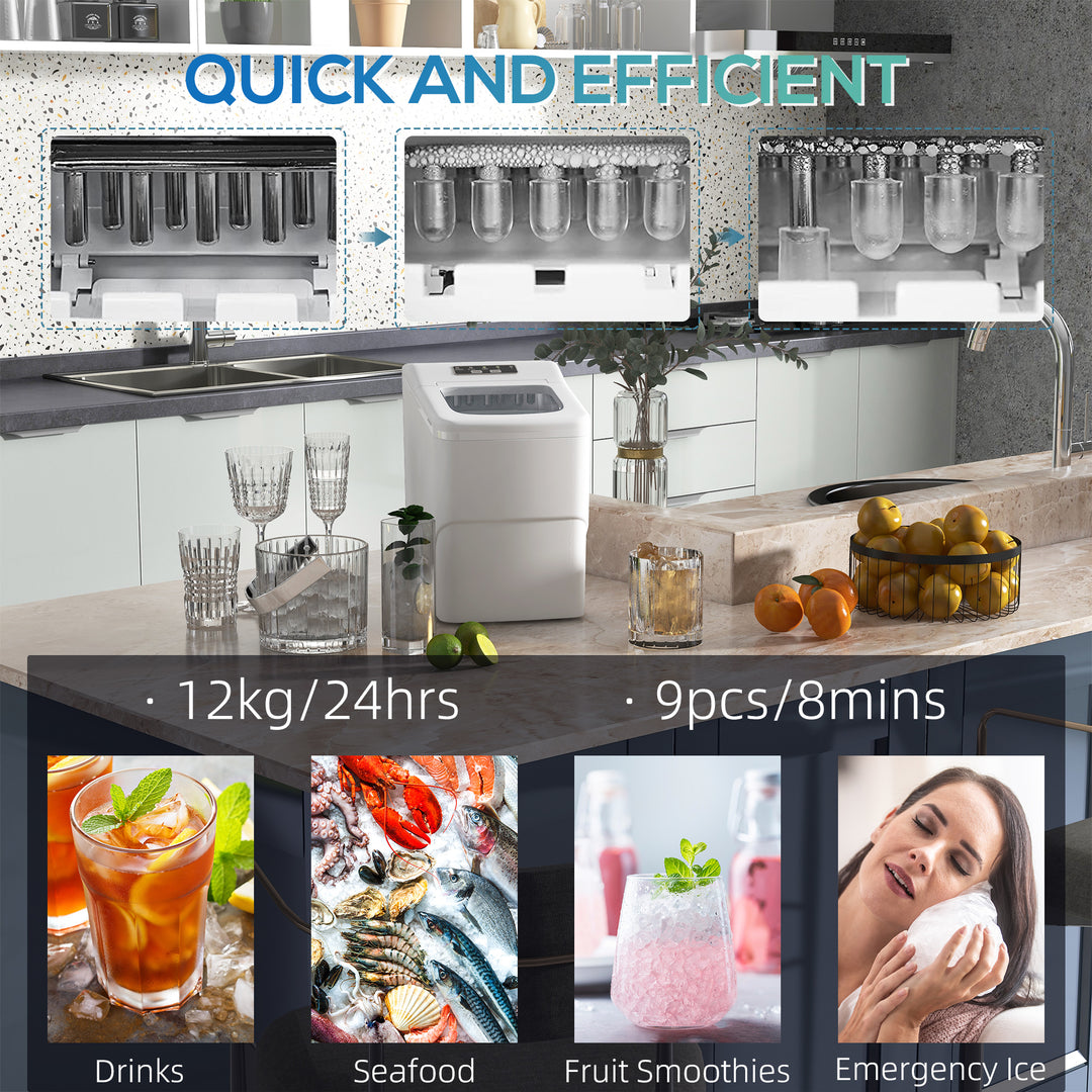 HOMCOM Bullet Ice Maker: Rapid 9 Cubes in 8 Minutes, Auto-Clean, Visible Window, Pristine White | Aosom UK