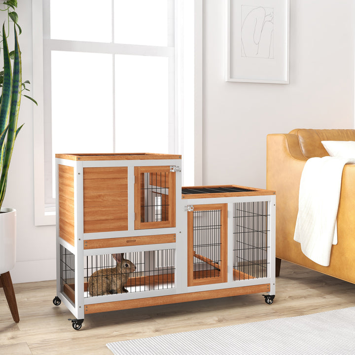 Wooden Indoor Hutch Elevated Cage w/ Wheel, Run, Yellow
