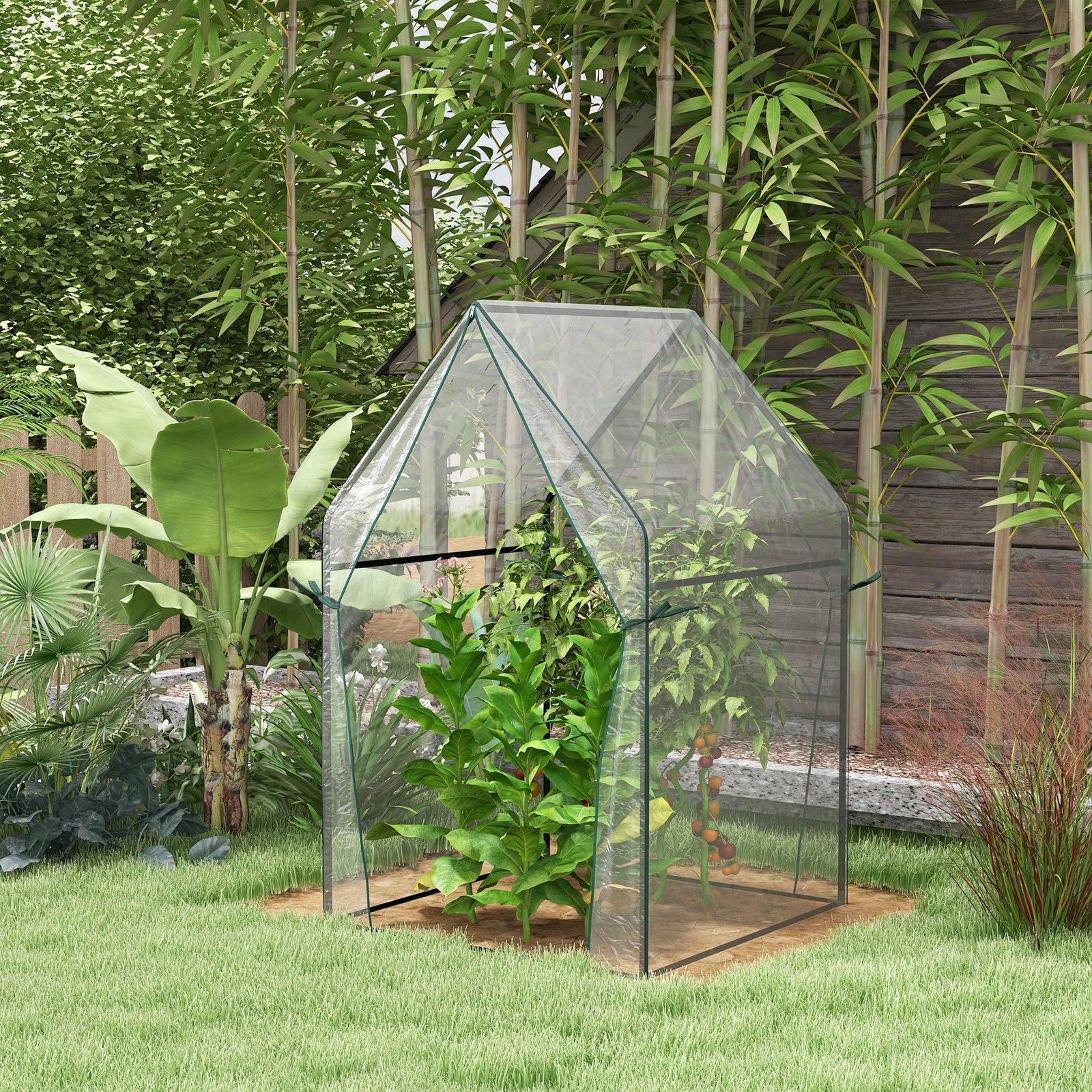 Mini Greenhouse, Garden Tomato Growhouse with 2 Zipped Doors, Portable Indoor Outdoor Green House, 90 x 90 x 145cm, Clear