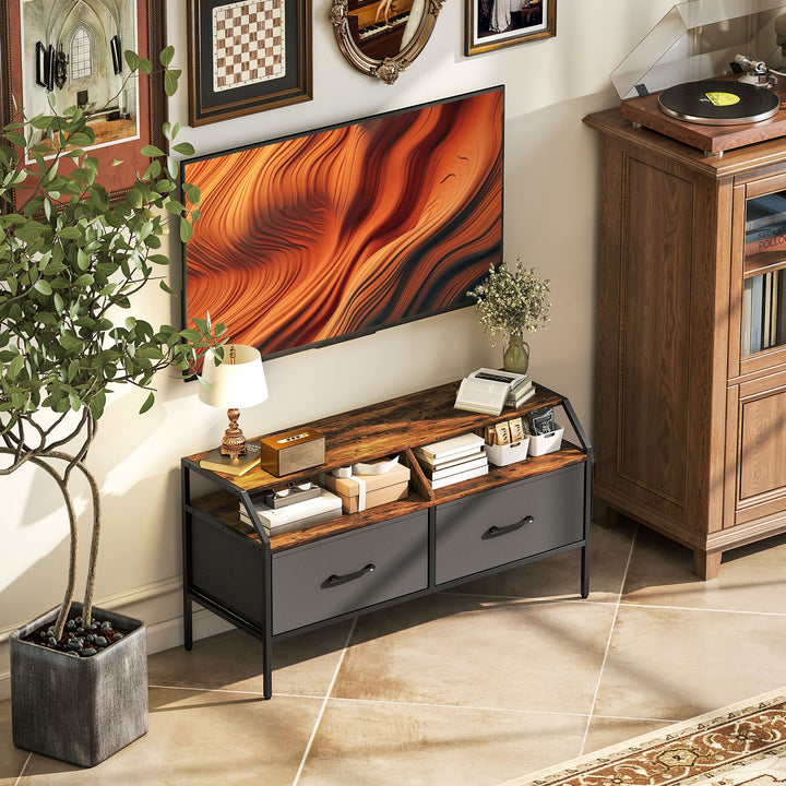 TV Stand Cabinet, TV Unit for 55-inch TVs with 2 Foldable Fabric Drawers, 5 Divided Side Pockets, Open Shelves, Console Table for Living Room, Bedroom, Entertainment Room, Rustic Brown
