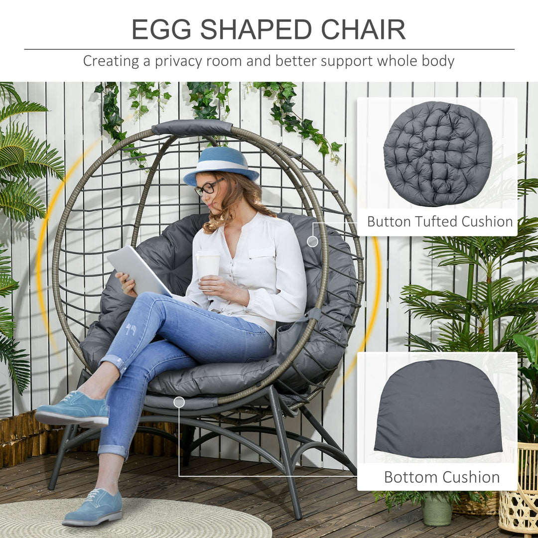 Folding Rattan Egg Chair, Freestanding Basket Chair with Cushion, Bottle Holder Bag for Outdoor or Indoor, Grey