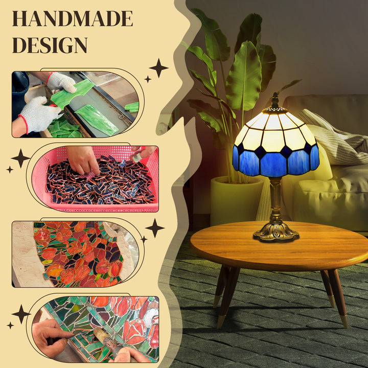 Handmade Stained Glass Table Lamp, Antique Bedside Lamp for Bedroom, Living room, Home, Nightstand, Decorative Night Light, Blue