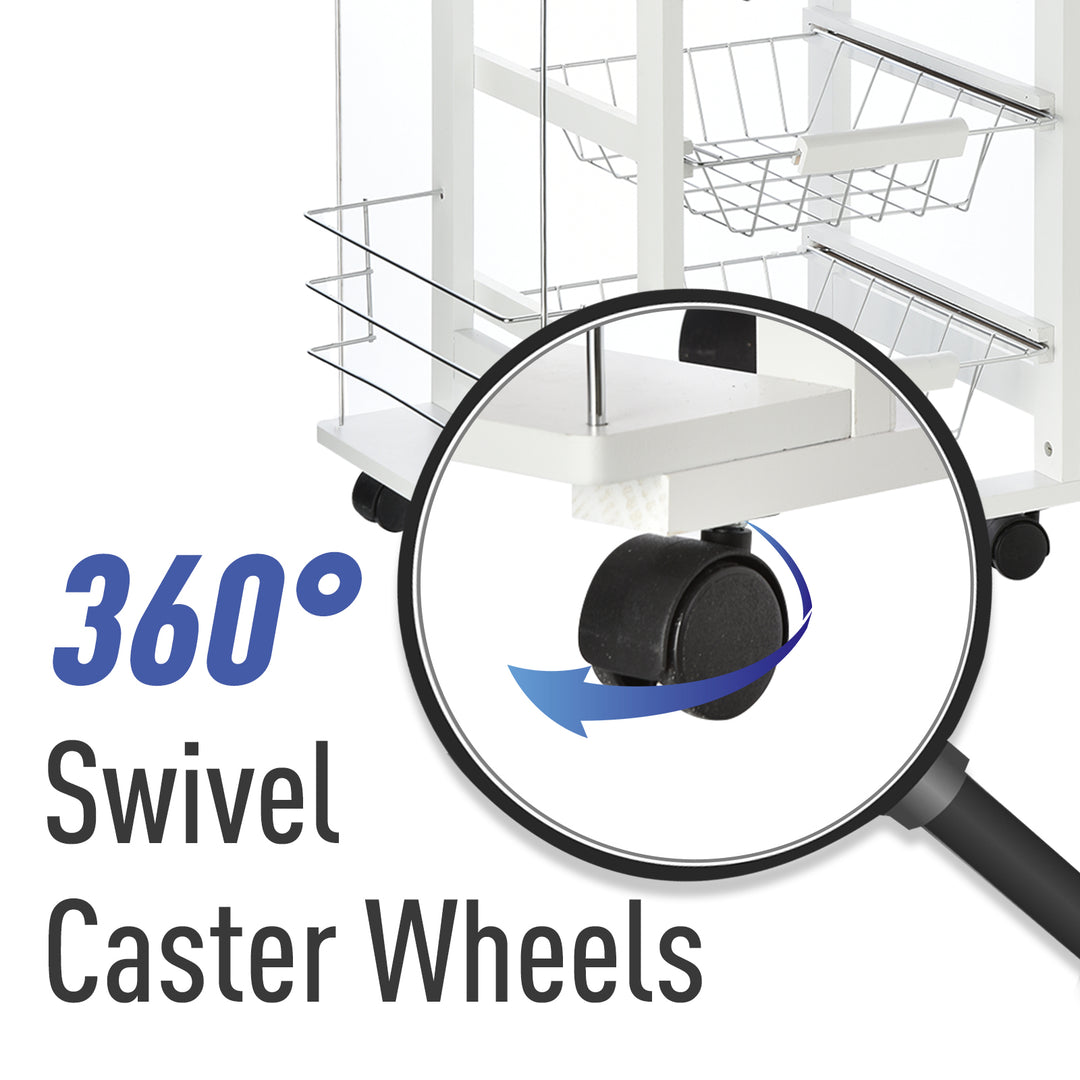 MCL Rolling Kitchen Cart, Utility Storage Cart with 4 Basket Drawers & Side Racks, Wheels for Dining Room, White