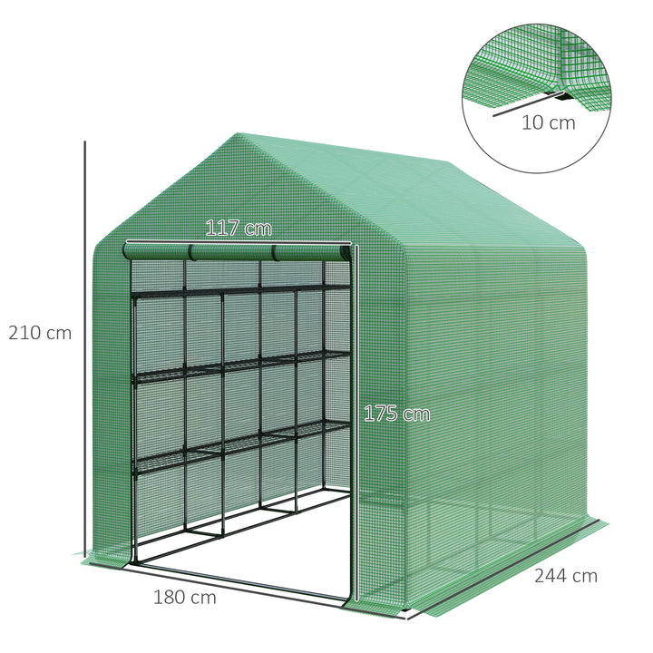 MCL Walk-in Greenhouse with 4 Tier 24 Shelves, Portable Grow House with Roll-up Zipped Door, 244 x 180 x 210cm, Green