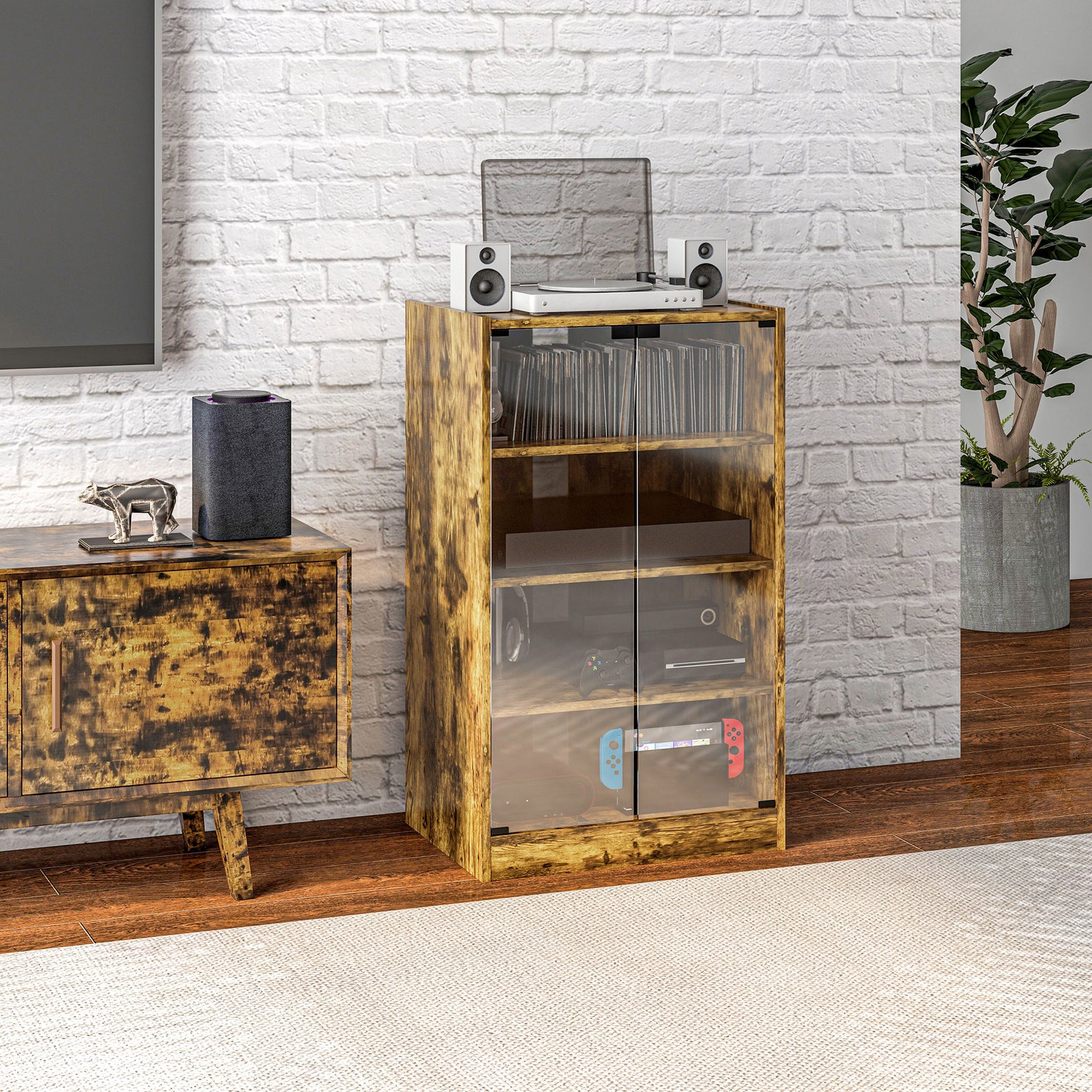 4-Tier Hi-Fi Stand, Record Player Stand with Adjustable Shelves and Pu