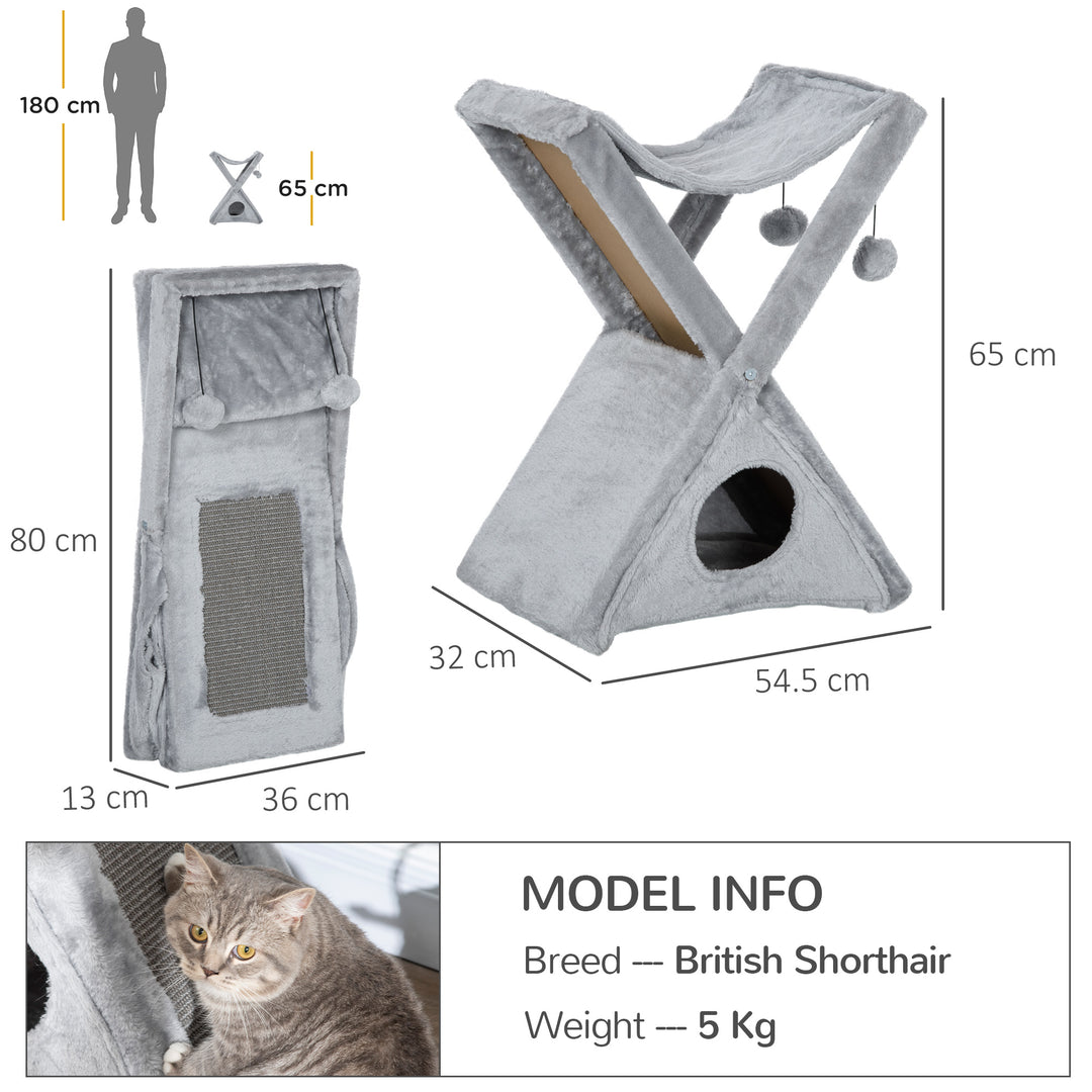 MCL Two Tier Cat Tree for Indoor Cats Play Rest Activity Tower Plush Folding Relax Center w/ Scratching Post Hammock Pom Poms Grey