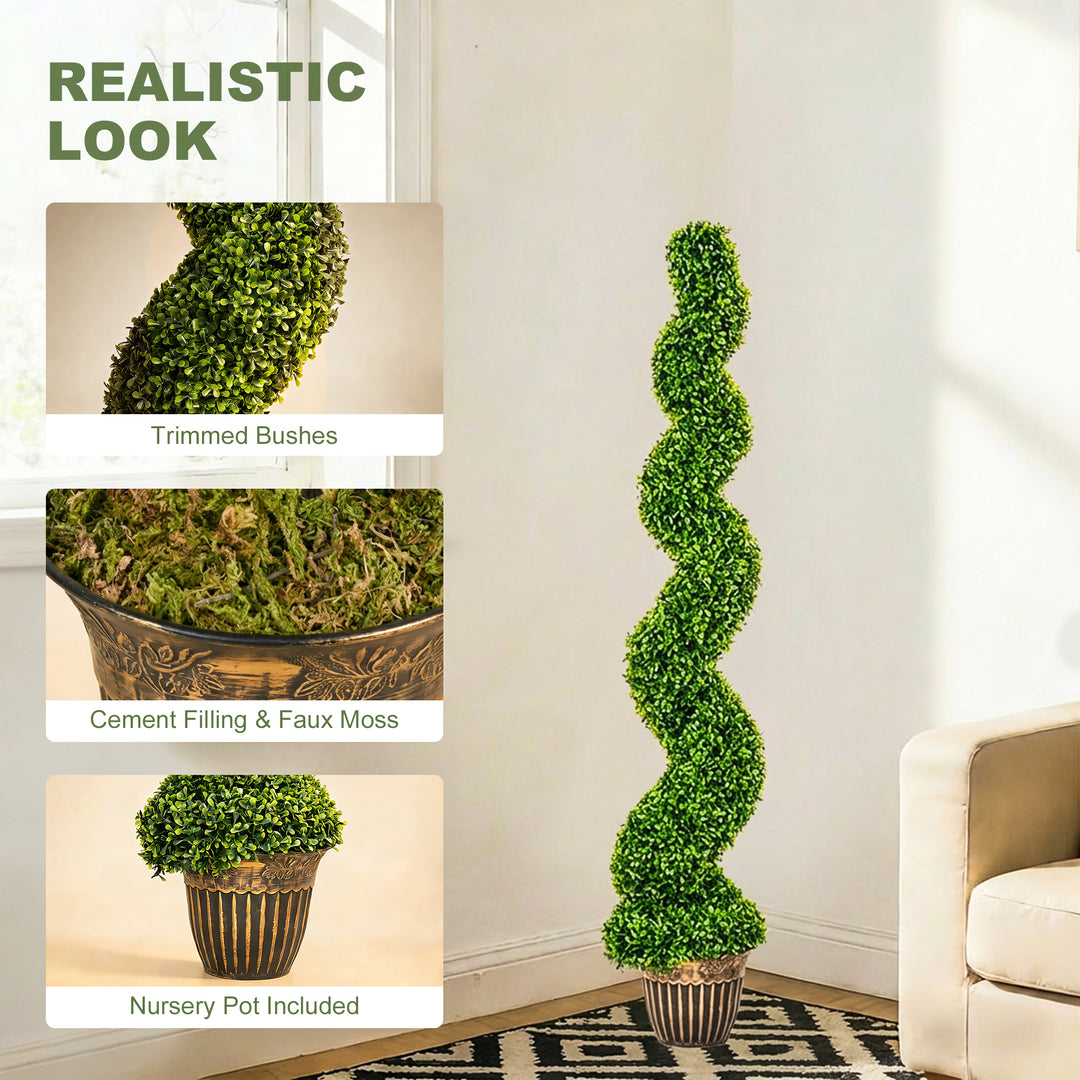 Set of 2 Artificial Plants, Topiary Spiral Boxwood Trees with Pot, for