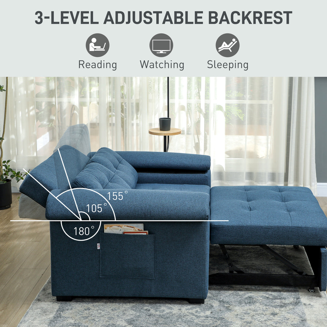 Pull Out Sofa Bed, Fabric 2 Seater Click Clack Sofa Bed Settee with 2 Pocket Springs, Convertible Sofa Couch with Pillows and Side Pockets for Living Room, Home Office, Blue