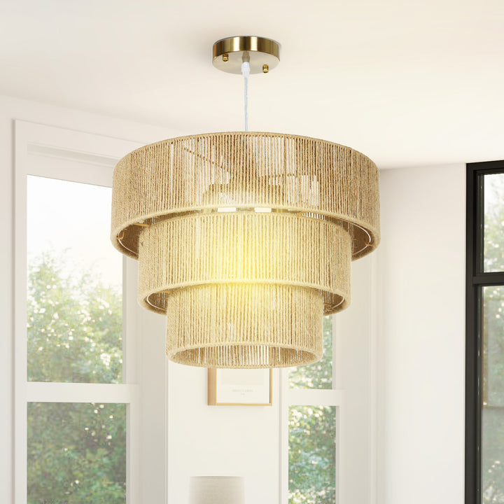 Hemp Rope Ceiling Light, 3-Layer Boho Pendant Light, E14 Vintage Ceiling Lamp Fixtures for Living Room, Bedroom, Kitchen, Hallway, Light Brown