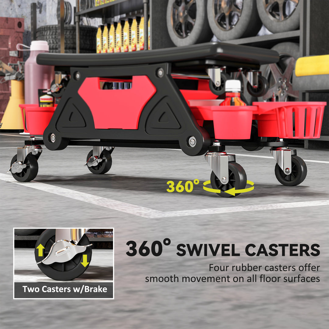 Rolling Mechanic Stool, 135kg Capacity Workshop Stool with 360° Swivel Wheels, Roller Creeper Seat with Slide Out Tool Trays, Drawer, Bottle Holders for Garage, Shop, Auto Repair, Red