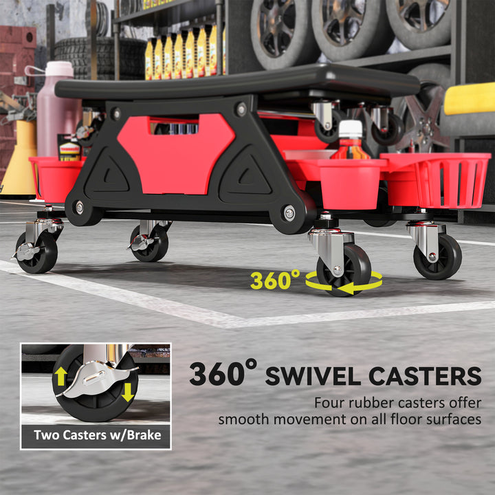 Rolling Mechanic Stool, 135kg Capacity Workshop Stool with 360° Swivel Wheels, Roller Creeper Seat with Slide Out Tool Trays, Drawer, Bottle Holders for Garage, Shop, Auto Repair, Red